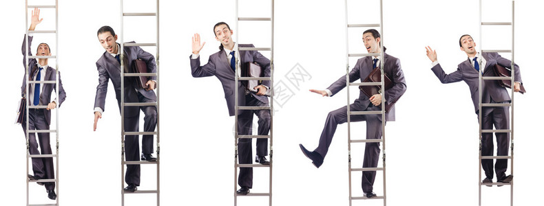 商人爬上白色孤立的梯子图片