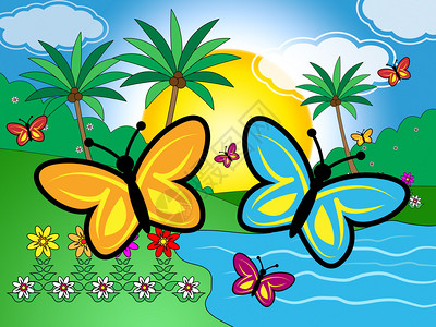 湖边的蝴蝶意味着绿色环背景图片