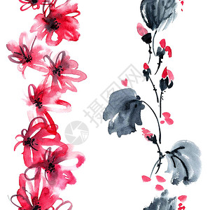 红花蕾和叶子的红色和墨水图图片