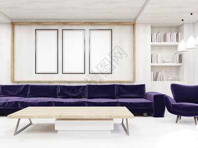 在现代客厅画廊的长紫色沙发舒适家庭的概念3D造图片