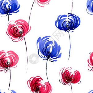 红花和蓝菊花的海水颜色和墨水插图图片