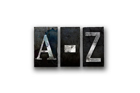 AZ这个词是用古董肮脏墨水沾染的纸质印刷品和白色背景背景图片