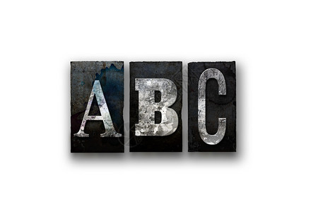 ABC一词是用古代肮脏墨水沾染的纸质印刷类型写成的图片