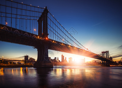 曼哈顿天际线和日落时的曼哈顿大桥曼哈顿大桥是一座横跨纽约市图片