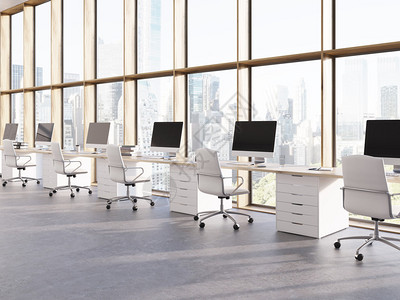 桌子上的一排电脑壮丽的城市景观现代办公室当代商业公司内部的概念3d图片