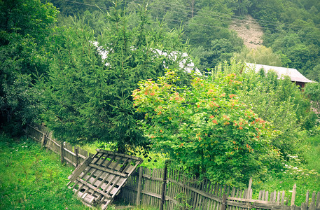 绿色草原上的旧木栅栏沃登围栏自然美丽的山地景观图片