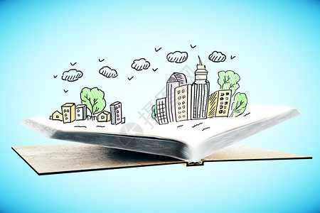 以蓝色背景的创意城市草图打开书籍图片
