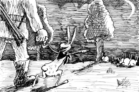 奸诈的野兔用墨水和笔在纸上手绘草图图片