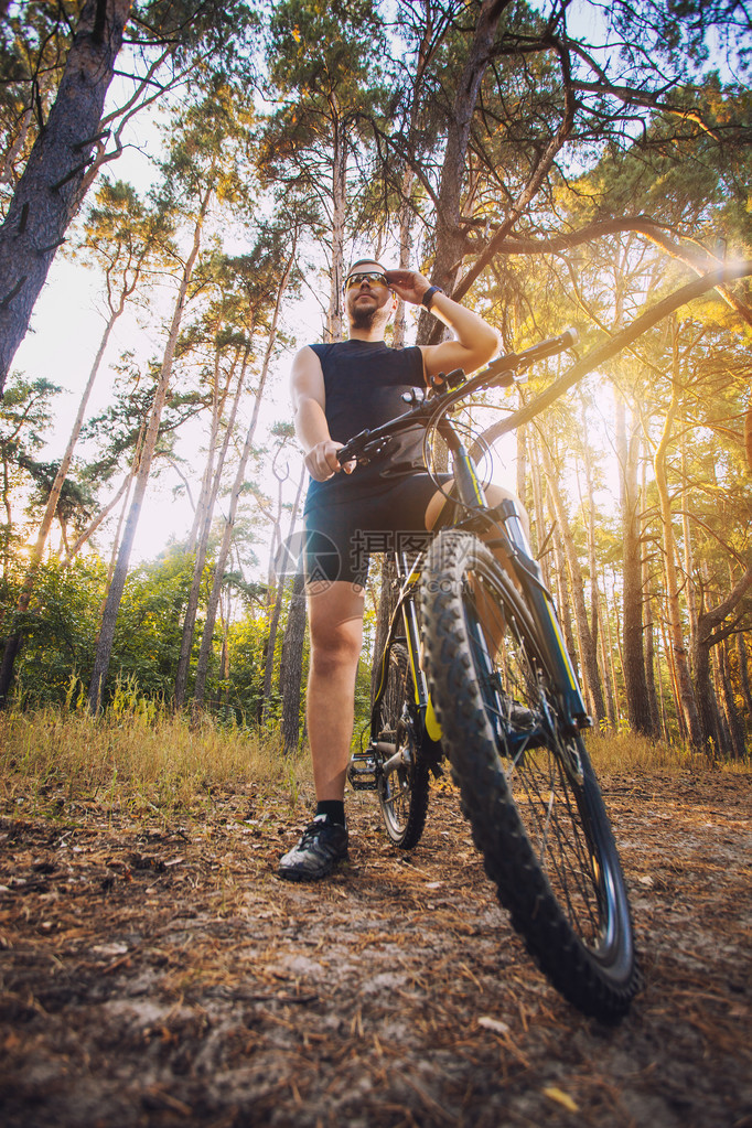 在阳光明媚的夏日森林中骑着自行车跑在小路上的图片