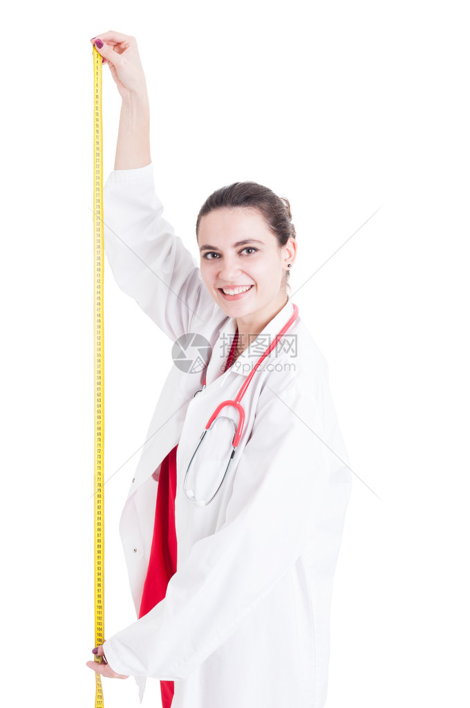 身高优美的女医生用白色背景隔离的磁带图片