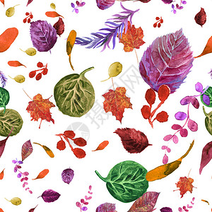 水彩无缝图案与五颜六色的秋叶图片