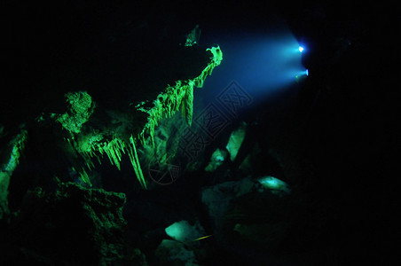 被火炬点燃的水下洞穴中的矿床看起来像爪子图片