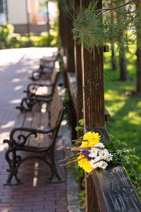 木栅栏上的花束浅彩的花朵焦糖味的道图片