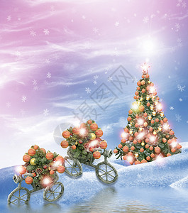 新年贺卡圣诞树上装饰着五颜六色的玩具图片