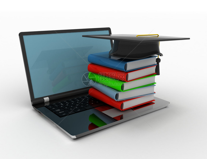 关于笔记本电脑的书籍和毕业帽电子学习3d概念在设计相关信息以在Internet上获取知识图片
