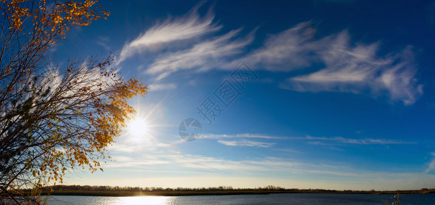 与太阳和黄色叶子的秋天空全景图片
