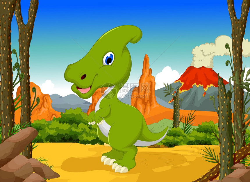 以森林地貌背景为主题的滑稽恐龙Parasalologhophopu图片