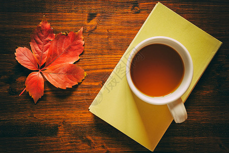 在书上和秋叶上的茶杯上面图片