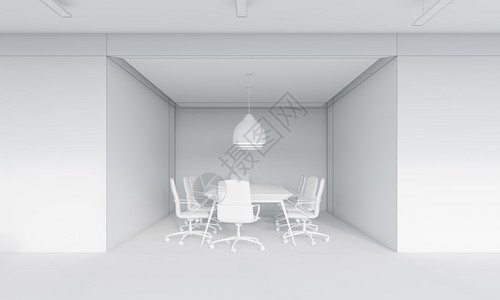 小型会议室内部配有大型吸顶灯和被椅子包围的圆桌谈判的概念3d图片