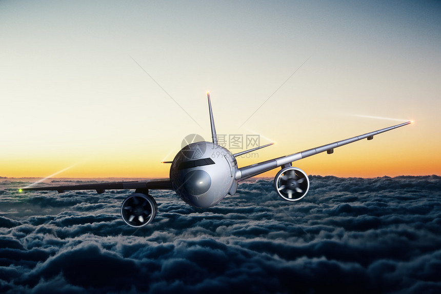 在日落背景的天空上的飞机3D渲染图片