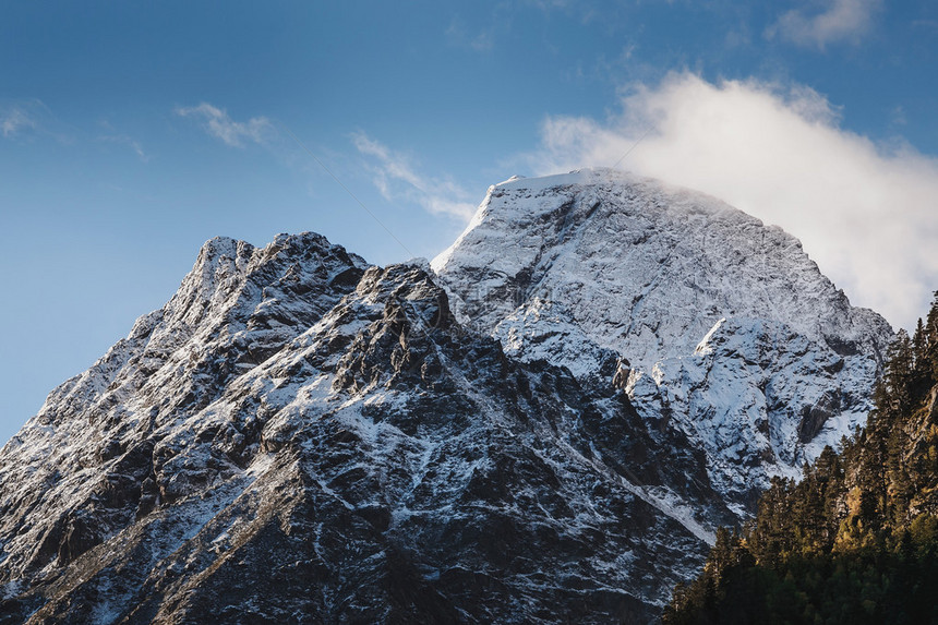 用长焦镜头拍摄的白雪皑的落基山峰图片