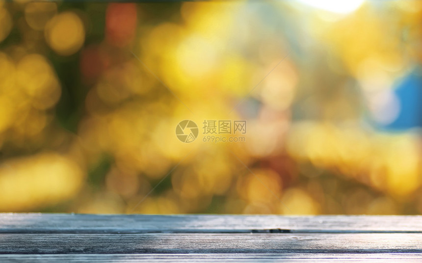 夏末树叶背景下一张旧木桌的表面图片