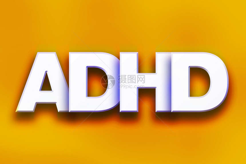 ADHD一词用白色的3D字母写在一个丰富多彩的背景图片