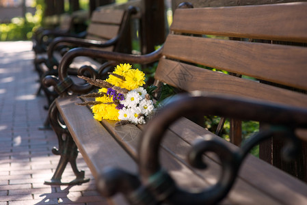 棕色长椅的布甲白花和黄色花朵花粉和甘图片
