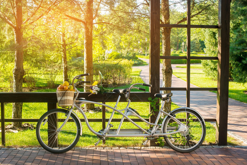 骑着一篮水果的自行车栅栏附近的双人自行车温暖的夏季天气组织一图片