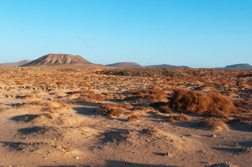 从Majanicho小渔村到Corralejo主要城镇的土路上的沙漠景观和山脉图片