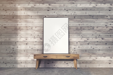 框架垂直海报站在板墙对面的狭窄桌子上广告概念3D造型图片