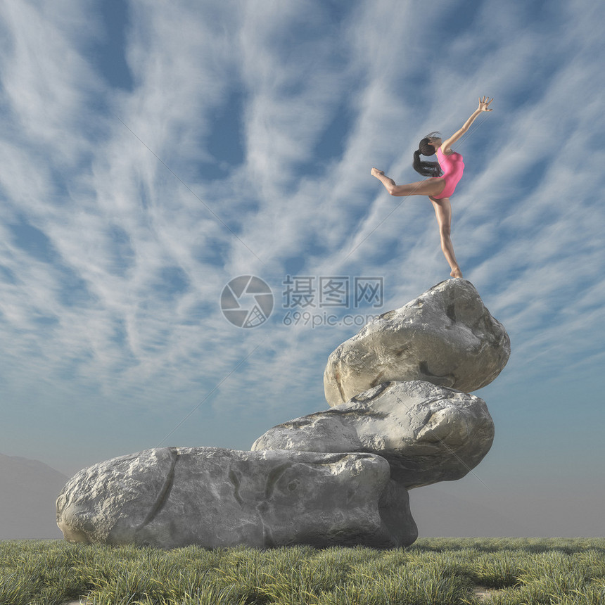 Gymnast在一些岩石之上平衡地排列这是3D图片