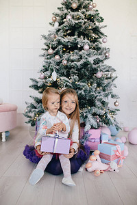 两姐妹在家拿着圣诞树和礼物快乐的儿童女孩与圣诞礼品盒和图片