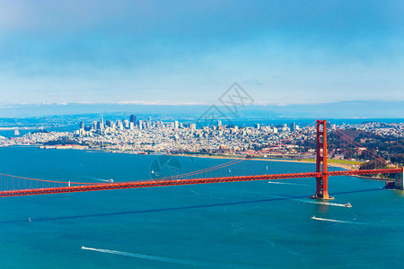 旧金山市中心的高角度半空中鸟瞰图夏天与金门大桥一起看到的海湾加利福尼亚的蓝天日背景图片
