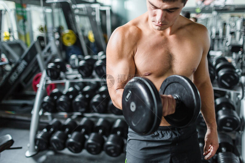 在健身房用哑铃锻炼的肌肉男图片
