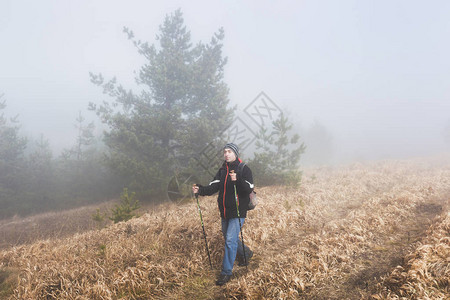 人类在迷雾的森林中沿着美丽的道路徒步远足漫图片