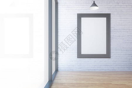 现代砖内饰与木地板空白相框和全景窗户图片