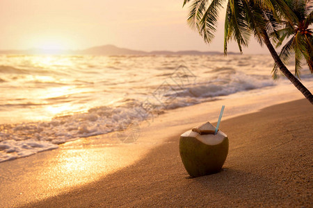 日落时沙热带海滩上新鲜椰子鸡尾酒图片