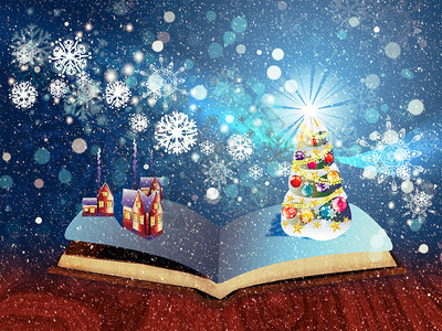 开张的魔法书装饰着圣诞树图片