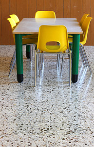 学校教室里的小桌子和黄色椅子背景图片