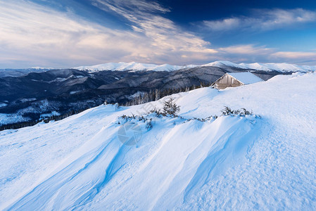 山村的冬季风雪漂流的景观牧羊图片