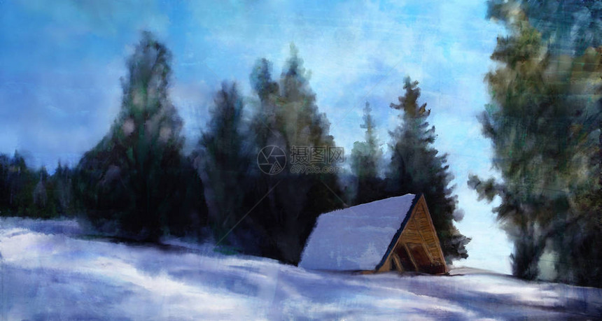 水彩艺术冬季景观与绿松林和木制庇护所图片