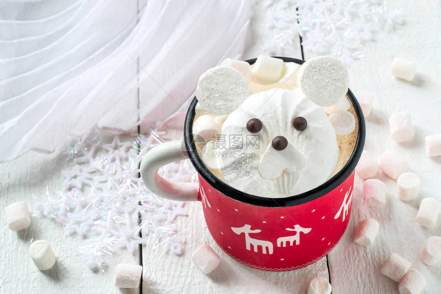 以棉花糖制成的北极熊形式的自制原创设计的热巧克力儿童圣诞派对的想法DIY概念圣诞快乐图片