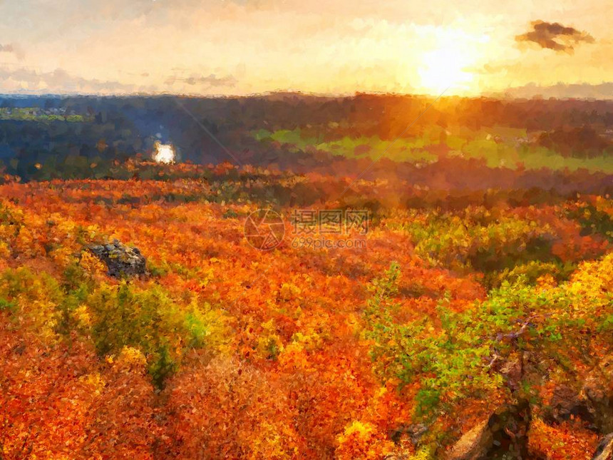 森林上方的秋天日出满是浓密薄雾和炎热阳光的瀑布峡谷落图片