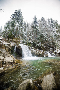 冬季山区河流和森林公园图片