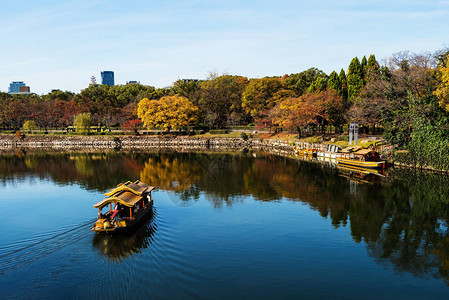 日本秋叶色大阪城堡周围航行的木林旅行船图片