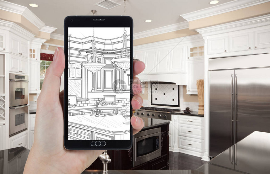 手持智能手机显示图画自定义厨房照片背后图片