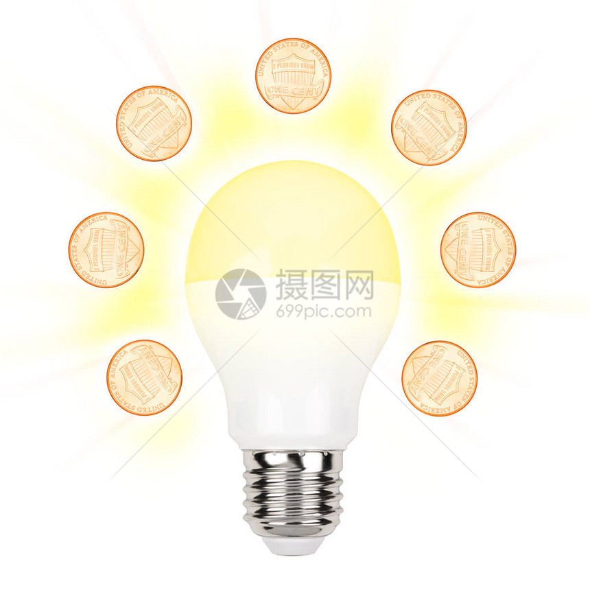 白纸上印着硬币的光灯泡节约能源图片