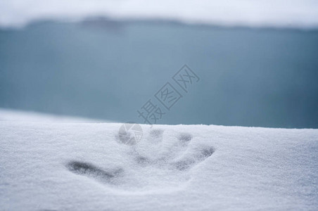 新雪中完美的手印湖山背景模糊图片