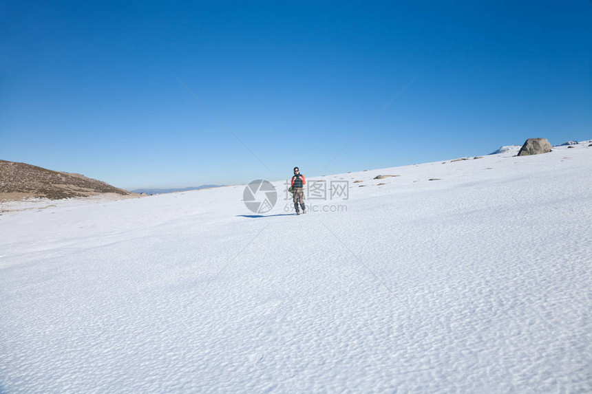 穿着绿色背心红色毛衣棕色长裤在雪中漫步图片